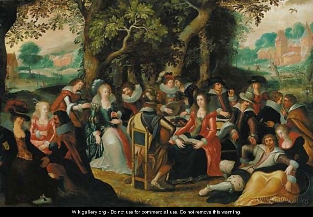 Elegant company feasting in a forest, a clearing beyond - (after) Louis De Caullery