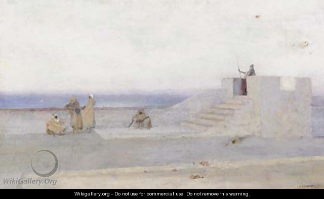 Moors at coastal battlements at dusk - (after) Louis Auguste Girardot