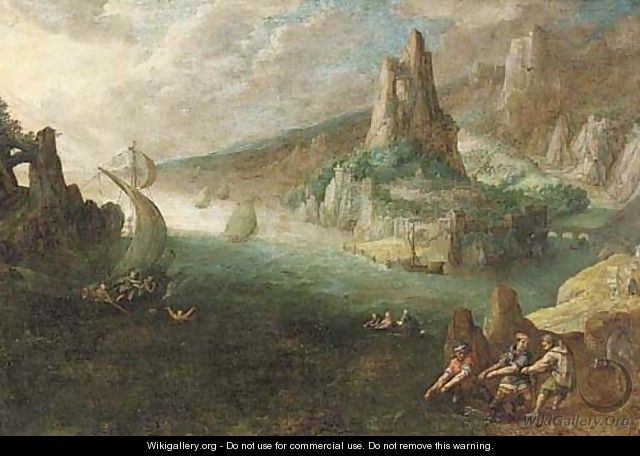 A coastal landscape with a sailor overboard and fishermen on the shore - (after) Lodovico Pozzoserrato (see Toeput, Lodewijk)