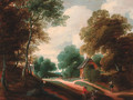 A wooded landscape with travellers conversing on a track - (after) Lodewijk De Vadder