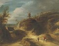 A mountainous landscape with travelers conversing on a path, a windmill beyond - (after) Lodewijk De Vadder