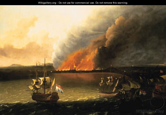 Dutch Men-of-War pursuing a British Man-of-War, a town burning beyond, possibly the Dutch raid on Chatham in 1667 - (after) Ludolf Backhuyzen