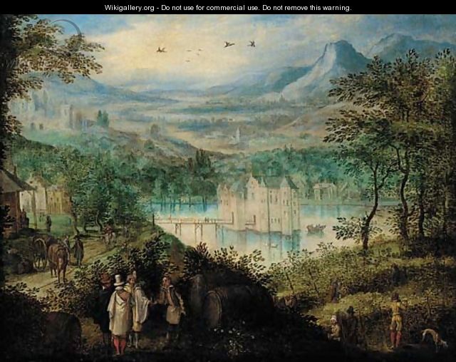 An extensive mountain landscape with elegant company at the vendage, a castle beyond - (after) Lucas Van Valckenborch