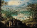 An extensive mountain landscape with elegant company at the vendage, a castle beyond - (after) Lucas Van Valckenborch