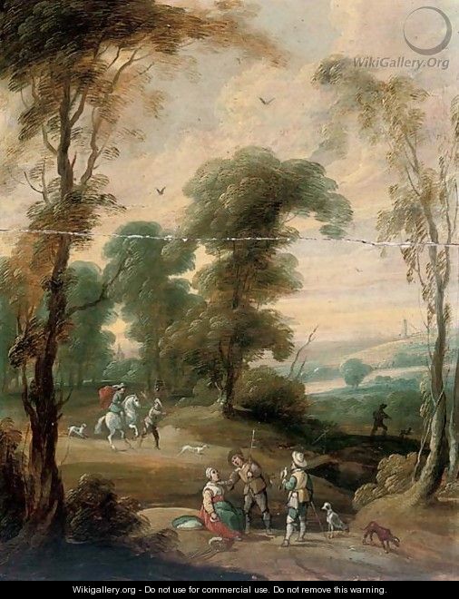 A wooded landscape with a hawking party on a track - (after) Lucas Van Uden