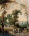 A wooded landscape with a hawking party on a track - (after) Lucas Van Uden