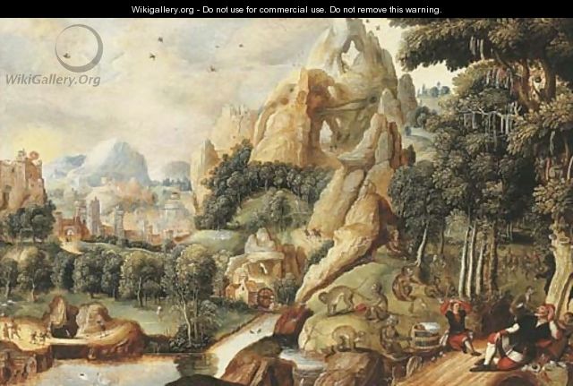 A landscape with monkeys and humans and a mythical city beyond - (after) Lucas Gassel