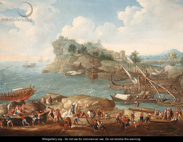 A Mediterranean coastal Landscape with Levants and Shipbuilders in the foreground - (after) Lucas De Wael