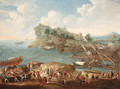 A Mediterranean coastal Landscape with Levants and Shipbuilders in the foreground - (after) Lucas De Wael