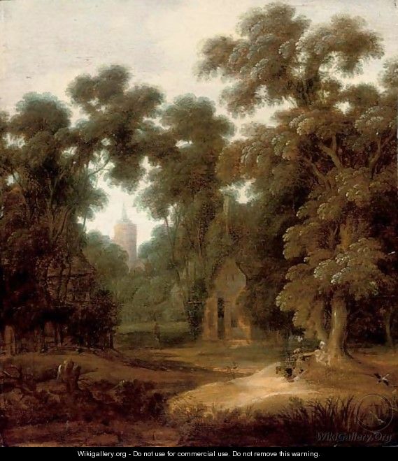 A wooded landscape with figures at rest on a track, a cottage and church beyond - (after) Lucas Achtschellinck