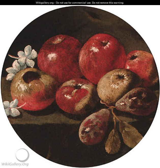 Apples, plums and blossom on a stone ledge - (after) Luca Forte