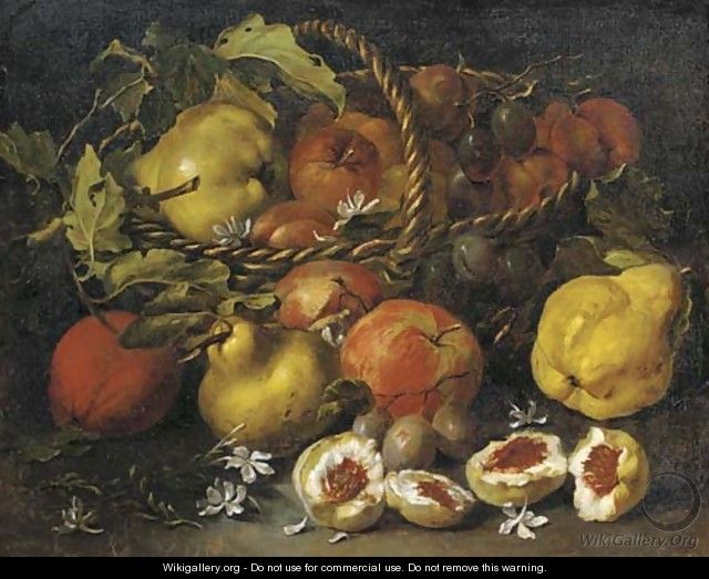 A pear, apples and plums in a woven basket, with figs, jasmine, pears and plums below - (after) Luca Forte
