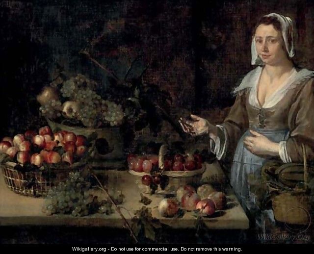 A serving girl next to a table with baskets of melons, plums, peaches, apples and grapes - (after) Louise Moillon