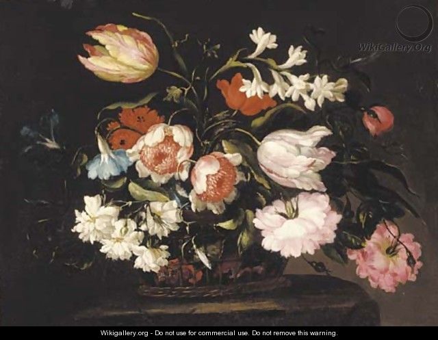 Roses, tulips, morning glory and other flowers in a basket on a stone pedestal - (follower of) Nuzzi, Mario