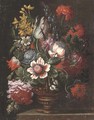 Parrot tulips, carnations, narcissi, roses and other flowers in an urn on a stone ledge - (follower of) Nuzzi, Mario