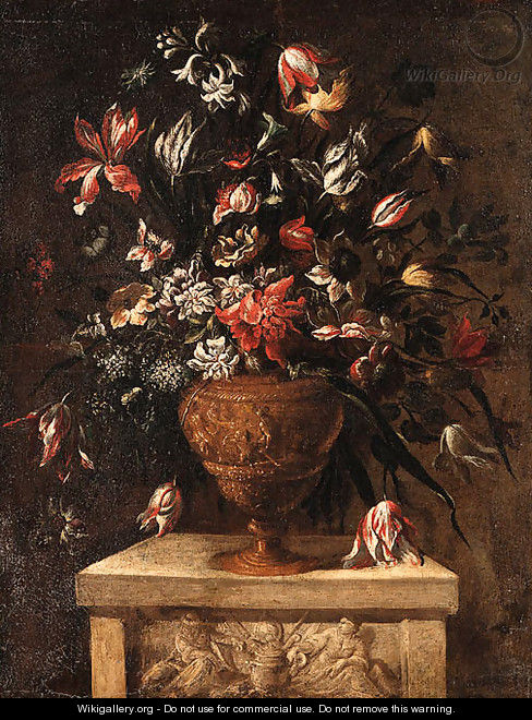 Flowers in a sculpted Vase on a stone Plinth - (after) Dei Fiori (Nuzzi) Mari