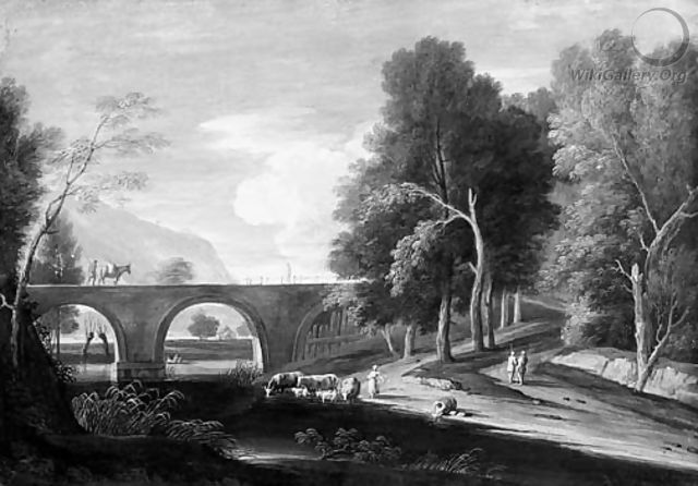 Extensive wooded landscapes with shepherds by a bridge and a lake - (after) Marco Ricci