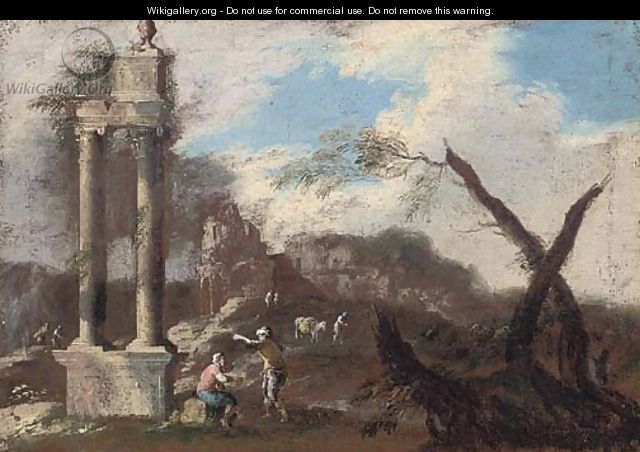 A landscape with classical ruins and travellers conversing - (after) Marco Ricci