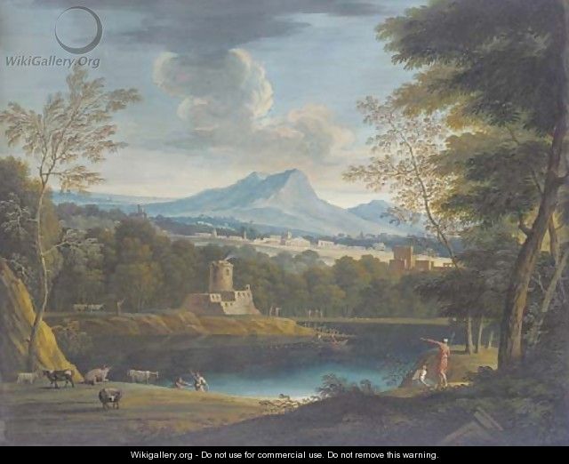 A classical landscape with a fortress on a lake, cattle in the foreground - (after) Marco Ricci