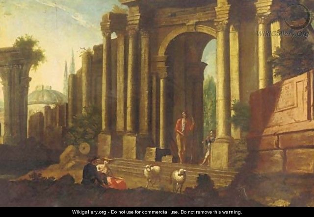 A capriccio of classical ruins with a shepherd and other figures - (after) Marco Ricci