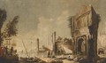 A capriccio of a Mediterranean harbour with figures amongst classical ruins - (after) Marco Ricci