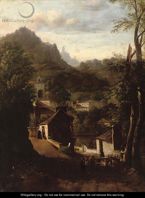 An Italianate hillside town at dusk - (after) Marco Gozzi