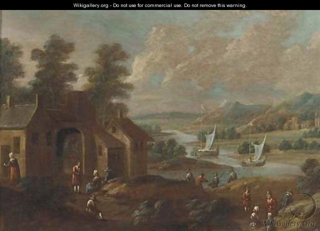 An extensive river landscape with figures by a village - (after) Marc Baets