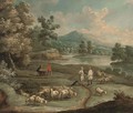 An extensive mountainous landscape, with figures and a wagon on a path by a lake; and A river landscape with shepherds conversing - (after) Marc Baets