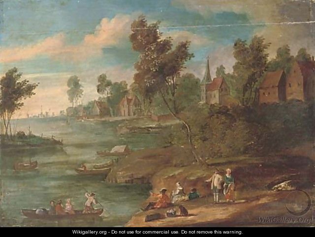 A river landscape with figures at rest on the river bank, a town beyond - (after) Marc Baets