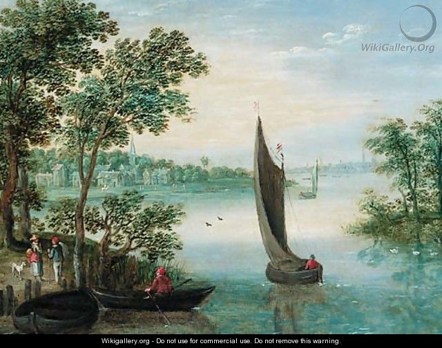An extensive river landscape with peasants at a landing stage, a town beyond - (after) Maerten Ryckaert