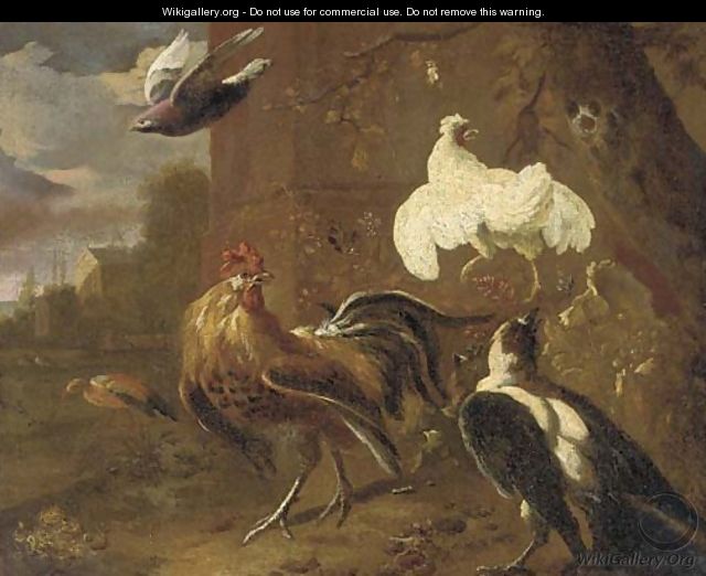 A cockerall, a chicken, a magpie and other birds by a farm building - (attr. to) Hondecoeter, Melchior de