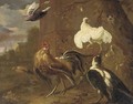 A cockerall, a chicken, a magpie and other birds by a farm building - (attr. to) Hondecoeter, Melchior de