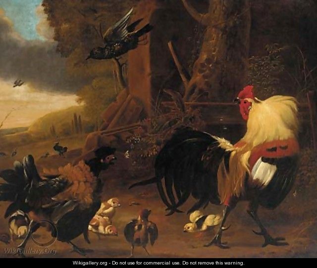Two cockerels, chicks and other birds in a landscape - (after) Melchior De Hondecoeter