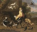 A cockerel and hens in a river landscape - (attr. to) Hondecoeter, Melchior de
