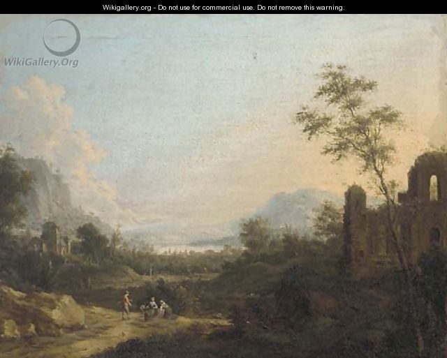 A mountaintous river landscape with figures on a path by classical ruins - (after) Maximilian Joseph Schinnagl