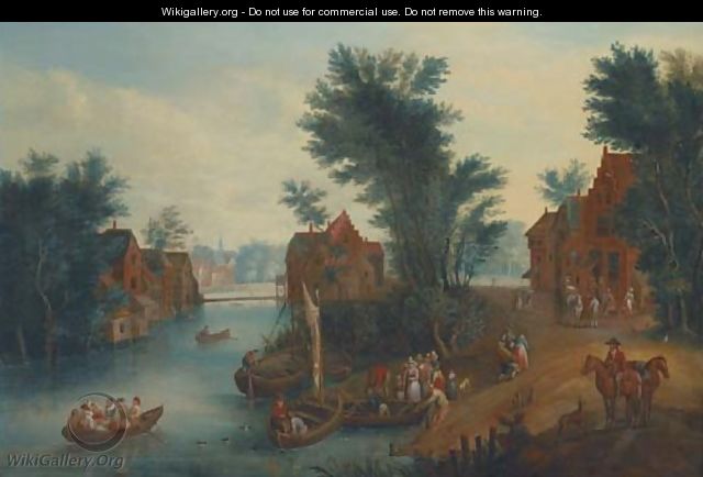 A village landscape with elegant company in ferries crossing a river - (after) Mathys Schoevaerts