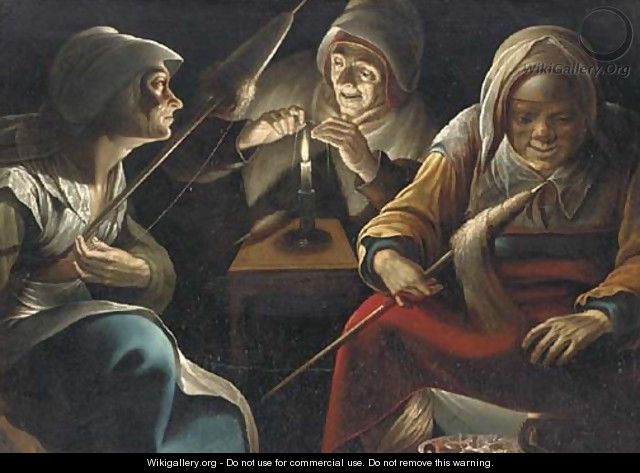 Three women working wool - (after) Matthias Stomer