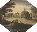 A wooded landscape with travellers in a wagon by a pond, a castle beyond - (after) Maerten Ryckaert