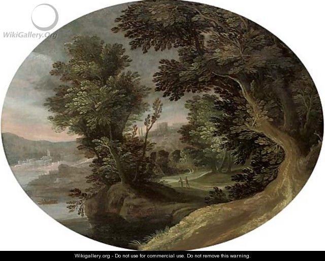 A wooded river landscape with travellers on a track - (after) Marten Ryckaert