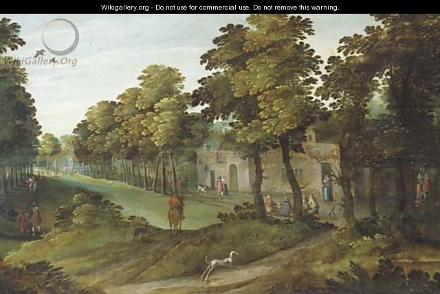 A village landscape with an avenue of trees, a horseman and a dog in the foreground - (after) Marten Ryckaert
