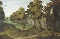A village landscape with an avenue of trees, a horseman and a dog in the foreground - (after) Marten Ryckaert