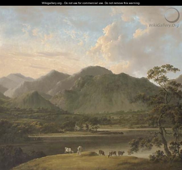 View of Coniston and Weatherlam, with cattle in the foreground, and Coniston Old Hall beyond - (after) John Rathbone