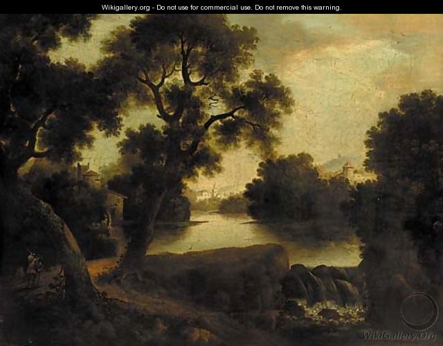 A figure on a riverside path in a classical landscape - (after) John Rathbone