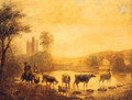 A Herdsman With Cattle Watering In A River, A Castle Beyond - (after) John Inigo Richards