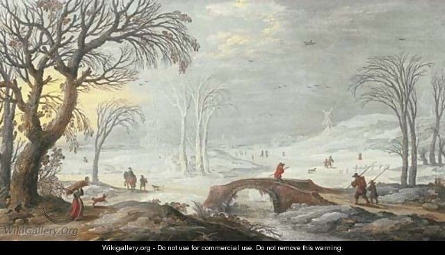A winter landscape with travellers and peasants by a bridge - Joos Or Josse De, The Younger Momper