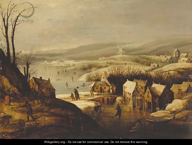 A winter landscape with skaters near a village - Joos Or Josse De, The Younger Momper