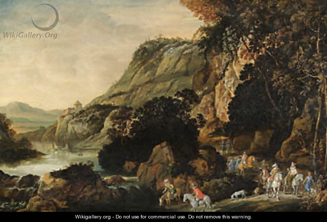 An extensive rocky river landscape with an elegant party on horseback on a track - Joos Or Josse De, The Younger Momper