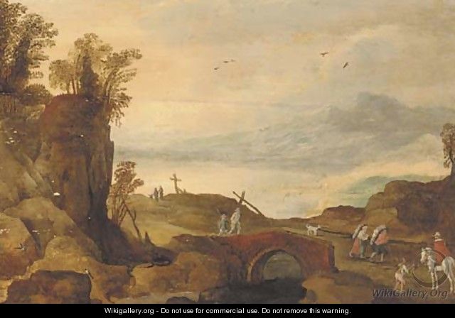 An alpine landscape with travellers on a bridge - Joos Or Josse De, The Younger Momper