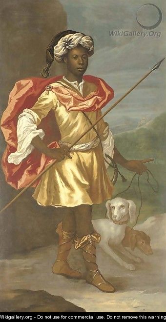 Portrait of a Moorish servant, full-length, in classical hunting dress and a turban, with a couple of hounds - (after) Richardson. Jonathan