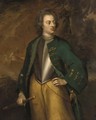 Portrait of a gentleman, standing three-quarter-length, in a green coat and breastplate, holding a baton, a battle raging beyond - (after) Richardson. Jonathan